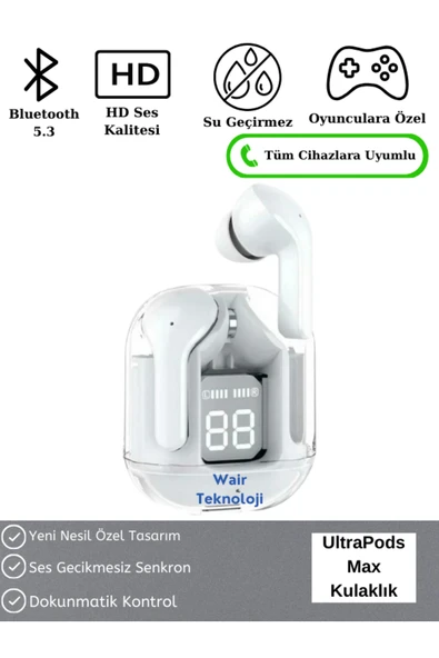 Ultrapods Max Kablosuz Bluetooth Kulaklık Powerbank Özellikli Dijital Ekranlı Enc Modu - Beyaz ürün görseli 1