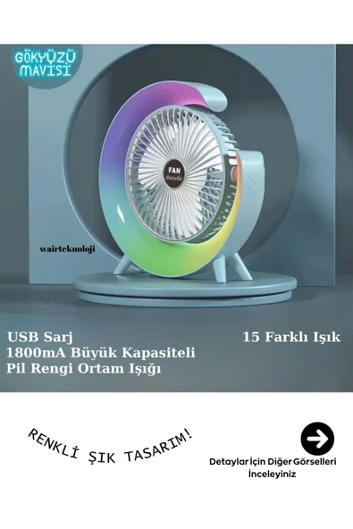 Renkli Masaüstü Fanı Yüksek Kalite Fan Hissi Ledli ürün görseli 1