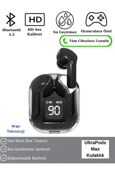 Ultrapods Max Kablosuz Bluetooth Kulaklık Powerbank Özellikli Dijital Ekranlı Enc Modu - Siyah ürün görseli 1
