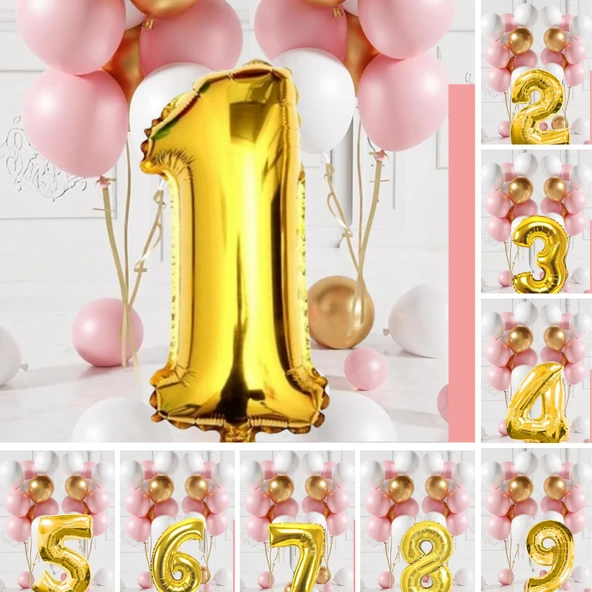 Retro Gold Pembe Beyaz Balon Seti Gold Rakamlı Doğum Günü Balonu Şık Parti Süsleme ürün görseli 1