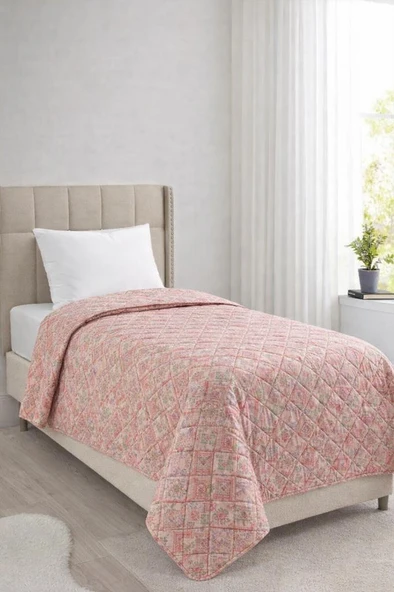 Sakura Elyaf Dolgulu Çift Taraflı Tek Kişilik 160x220 cm Kırlentsiz Tek Pike Gül Kurusu ürün görseli 1