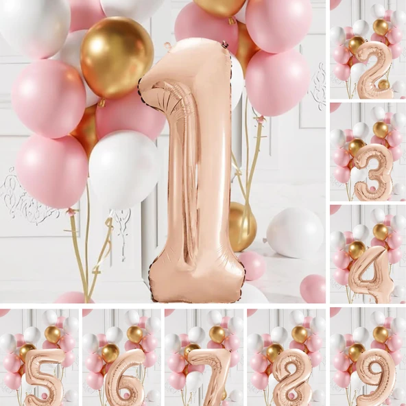 Retro Gold Pembe Beyaz Balon Seti Rose Gold Rakamlı Doğum Günü Balonu Şık Parti Süsleme ürün görseli 1