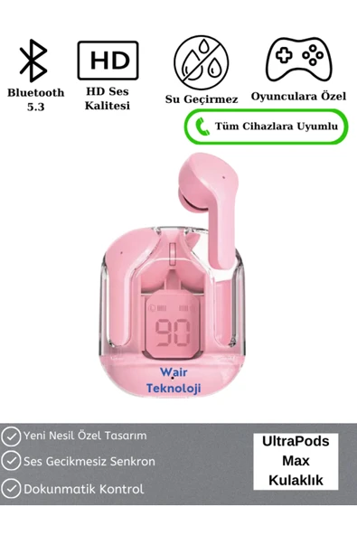 Ultrapods Max Kablosuz Bluetooth Kulaklık Powerbank Özellikli Dijital Ekranlı Enc Modu - Pembe ürün görseli 1