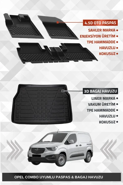 Sahler Opel Combo E 2019+ Uyumlu 4.5D Premium Havuzlu Oto Paspas ve Liner Marka 3D Bagaj Havuzu ürün görseli 1