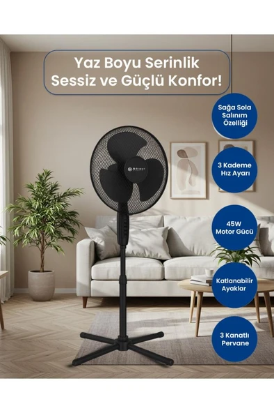 Bright Elegance Be-4116 16" Katlanabilir Ayaklı Standlı Vantilatör Siyah ürün görseli 1