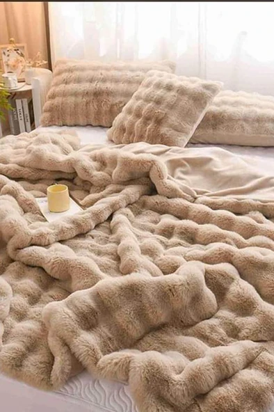 Tomris Tavşan Tüyü Çift Kişilik Yatak Örtüsü 220x240 Cm Vizon ürün görseli 1