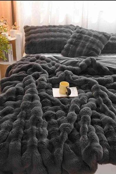 Tomris Tavşan Tüyü Çift Kişilik Yatak Örtüsü 220x240 Cm Antrasit ürün görseli 1
