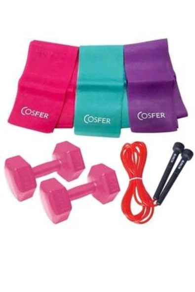 Cosfer 3 Lü Pilates Bandı, Jimnastik 3lü Plates Lastiği 120x7.5 Cm + Atlama Ipi + 1 Kg 2* Adet Dambıl Seti ürün görseli 1