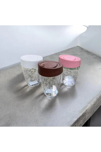 URVE 3 Adet Çift Cidarlı Kapaklı El Yakmaz Akrilik Bardak Seti 200 Ml- Pembe,Kahve,Beyaz ürün görseli 1