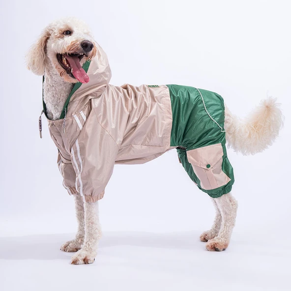 Pawstar BiColor Bej-Yeşil Polarlı Su Geçirmez Orta-Büyük Irk Köpek Yağmurluk Tulum ürün görseli 1