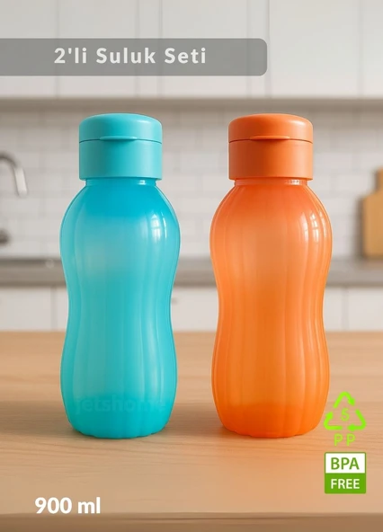 Suluk 2'li Set Su Şişesi BPA Free Okul Suluğu PP-5 Suluk Spor Okul Ofis Suluğu Mavi-Turuncu 900 ml ürün görseli 1