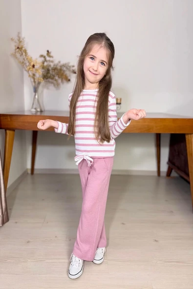 Çizgili Kız Çocuk Bol Paça Mevsimlik Pembe Renk Takım ürün görseli 1