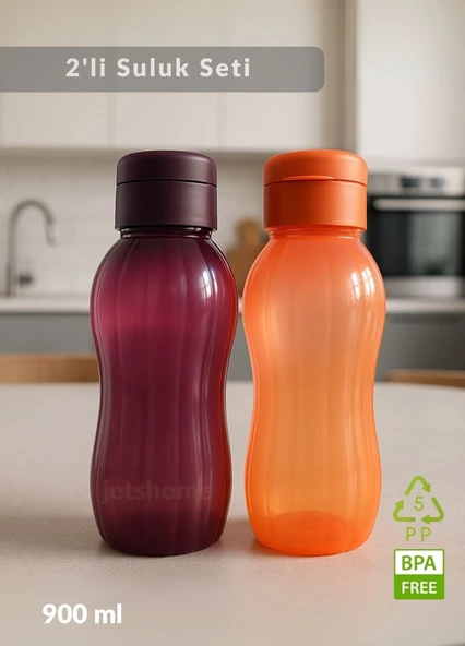 Suluk 2'li Set Su Şişesi BPA Free Okul Suluğu PP-5 Suluk Spor Okul Ofis Suluğu Mürdüm-Turuncu 900 ml ürün görseli 1