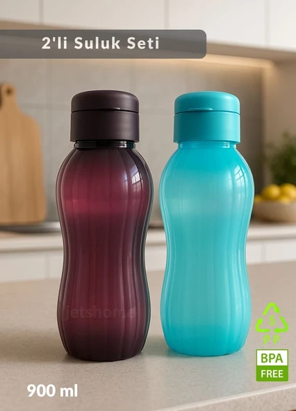 Suluk 2'li Set Su Şişesi BPA Free Okul Suluğu PP-5 Suluk Spor Okul Ofis Suluğu Mürdüm-Mavi 900 ml ürün görseli 1