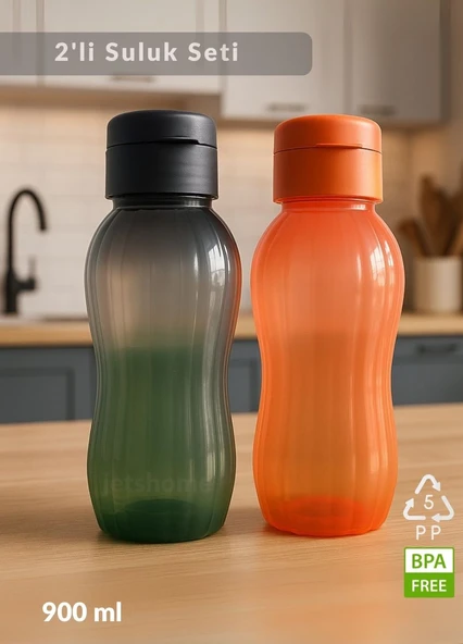 Suluk 2'li Set Su Şişesi BPA Free Okul Suluğu PP-5 Suluk Spor Okul Ofis Suluğu Siyah-Turuncu 900 ml ürün görseli 1