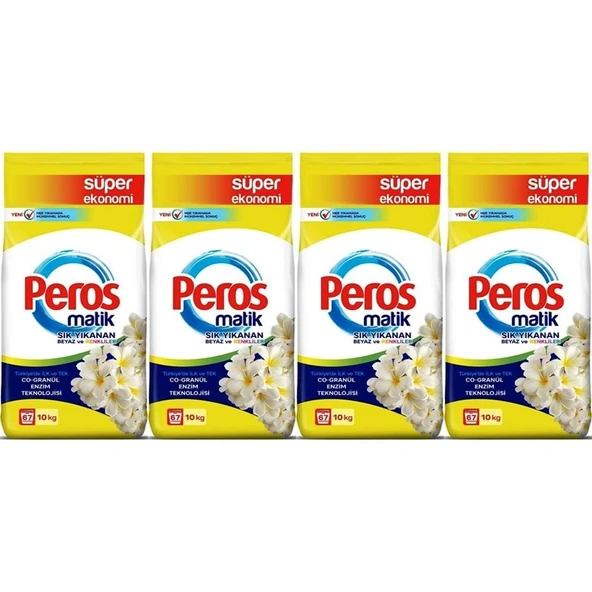 Peros Matik Toz Çamaşır Deterjanı 40KG Yasemin Çiçeği (Beyaz ve Renkliler) (268 Yıkama) (4PK*10KG) ürün görseli 1