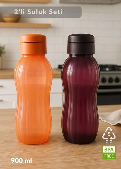 Suluk 2'li Set Su Şişesi BPA Free Okul Suluğu PP-5 Suluk Spor Okul Ofis Suluğu Mürdüm-Turuncu 900 ml ürün görseli 1