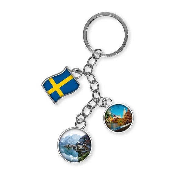 İsveç Üçlü Epoksi Metal Çift Taraflı Damla Anahtarlık Sweden ürün görseli 1