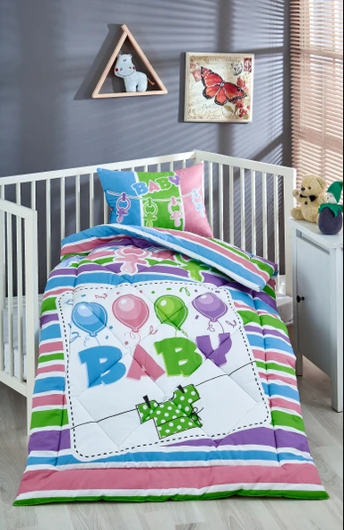 Komfort Home Baskılı %100 Pamuklu Silikon Elyaf Bebek Yorganı+Yastık ürün görseli 1