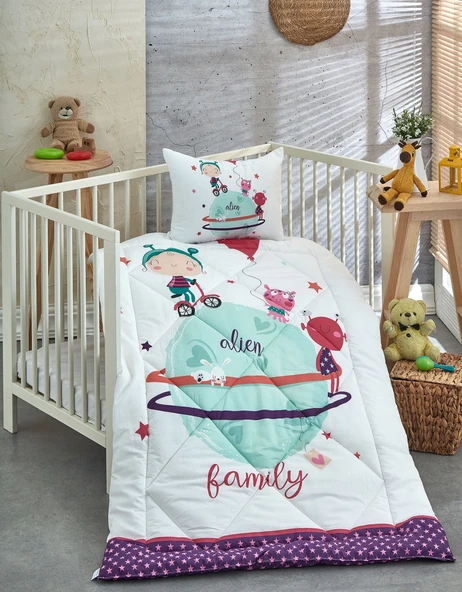 Komfort Home Baskılı %100 Pamuklu Silikon Elyaf Bebek Yorganı+Yastık ürün görseli 1