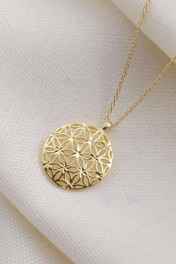 Yaşam Hayat Çiçeği Bereket 14 Ayar Altın Kaplama Gold 925 Ayar Gümüş Zincirli Kolye ürün görseli 1