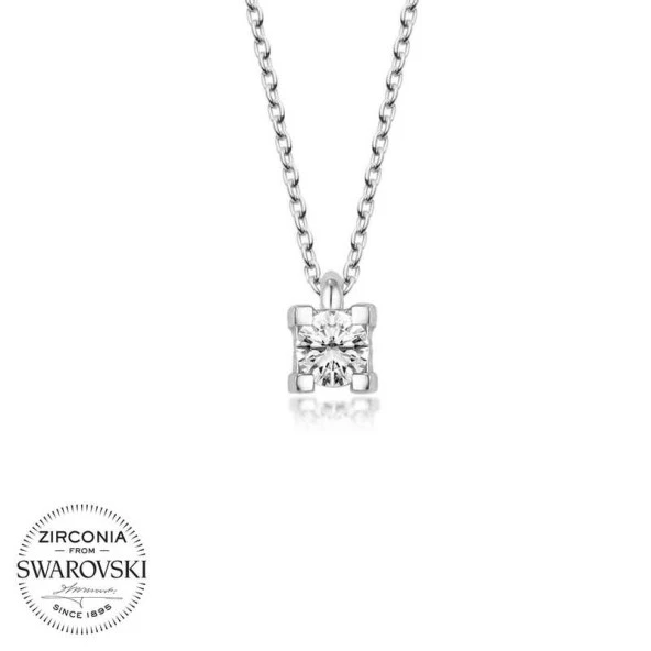 Swarovski Taşlı Gümüş Tektaş Bayan Kolye - Resim 2