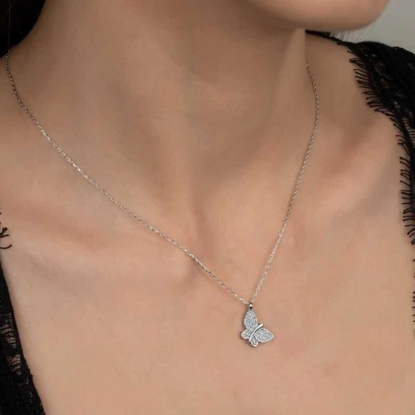 Swarovski Taşlı Gümüş Kelebek Bayan Kolye ürün görseli 1