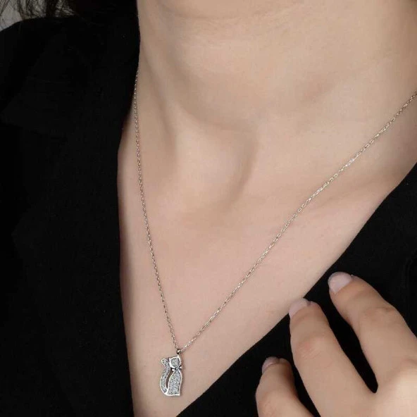 Swarovski Taşlı Gümüş Kedi Bayan Kolye ürün görseli 1