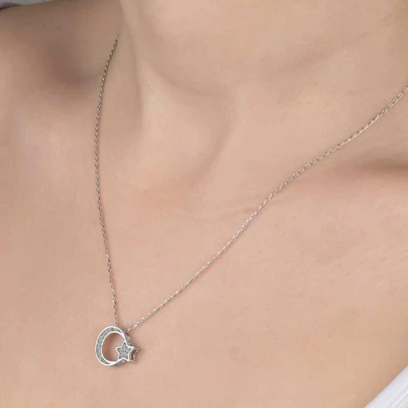 Swarovski Taşlı Gümüş Ayyıldız Bayan Kolye ürün görseli 1