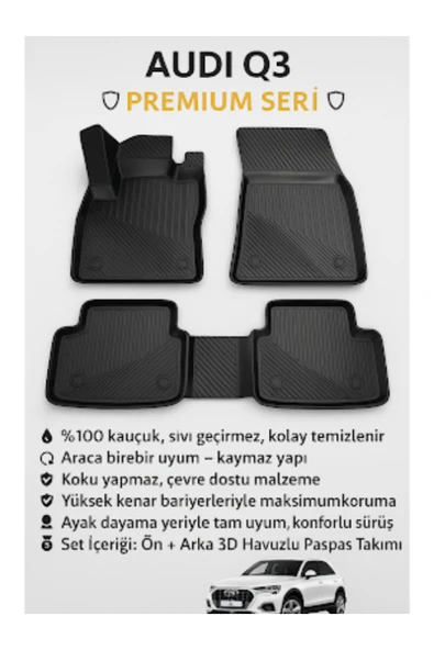 Black Gold Audi Q3 2018+ 3D Havuzlu Oto Paspas – Kauçuk, Koku Yapmaz, Kaymaz Taban, Araca Özel ürün görseli 1