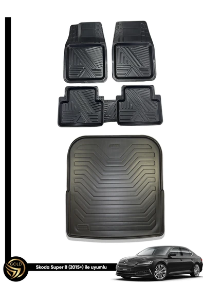Black Gold Skoda Super B 3D Zebra Oto Paspas Ve Araca Özel Kauçuk Bagaj Havuzu Seti ürün görseli 1