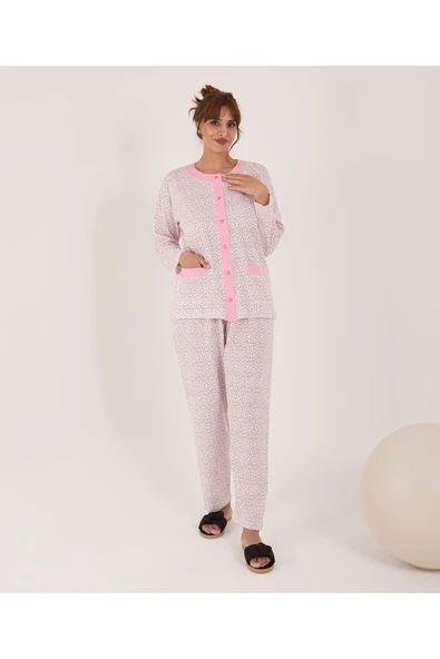 AYSUN TEKSTİL Kalitesinde Pamuklu Kumaş Geniş Kesim Önden Açık Anne Pijama Takım ürün görseli 1