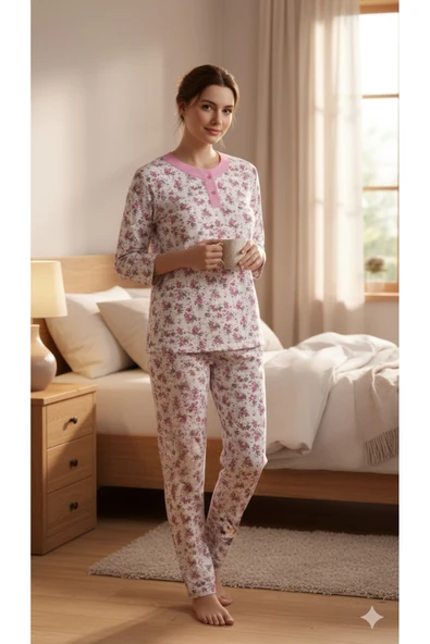 AYSUN TEKSTİL Kalitesinde Pamuklu Kumaştan Geniş Kesim Patlı Yaka Pembe Anne Pijama Takım ürün görseli 1