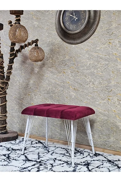 Metal Beyaz Tel Ayaklı 60 cm Puf Bench - Puf - Bench - Oturak - Mutfak Oturağı - Antre Oturağı Bordo Renk 60 x 40 Boyut/Ebat ürün görseli 1
