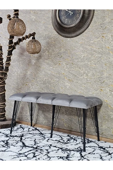 Metal Siyah Tel Ayaklı 100 cm Puf Bench - Puf - Bench - Oturak - Mutfak Oturağı - Antre Oturağı Gri Renk 100 x 40 Boyut/Ebat ürün görseli 1