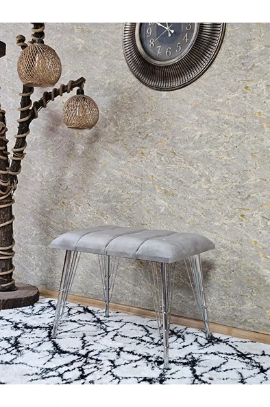 Metal Krom Tel Ayaklı 60 cm Puf Bench - Puf - Bench - Oturak - Mutfak Oturağı - Antre Oturağı Gri Renk 60 x 40 Boyut/Ebat ürün görseli 1