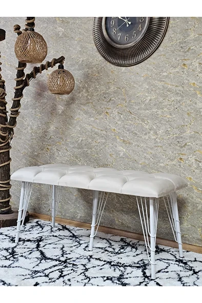 Metal Beyaz Tel Ayaklı 100 cm Puf Bench - Puf - Bench - Oturak - Mutfak Oturağı - Antre Oturağı Krem Renk 100 x 40 Boyut/Ebat ürün görseli 1