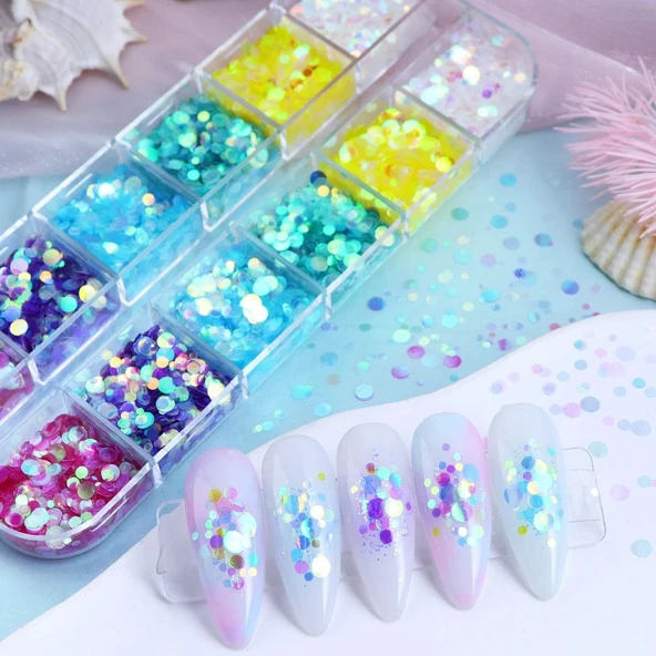 Holografik Yuvarlak Tırnak Süsleme Folyo Pulları Renkli Nail Art ürün görseli 1