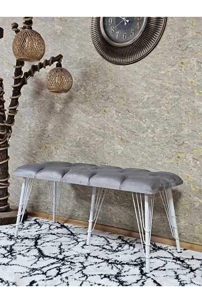 Metal Beyaz Tel Ayaklı 100 cm Puf Bench - Puf - Bench - Oturak - Mutfak Oturağı - Antre Oturağı Gri Renk 100 x 40 Boyut/Ebat ürün görseli 1