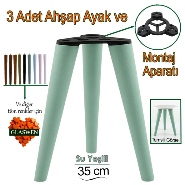3 Adet Ahşap Ayak 45 Cm Su Yeşili M8 Civatalı Bağlantı Aparatlı Mobilya Tabure Sehpa Masa Destek Ayağı ürün görseli 1