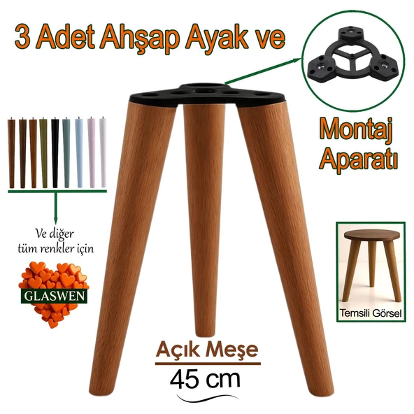 3 Adet Ahşap Ayak 45 Cm Açık Meşe M8 Civatalı Bağlantı Aparatlı Mobilya Tabure Sehpa Masa Destek Ayağı ürün görseli 1