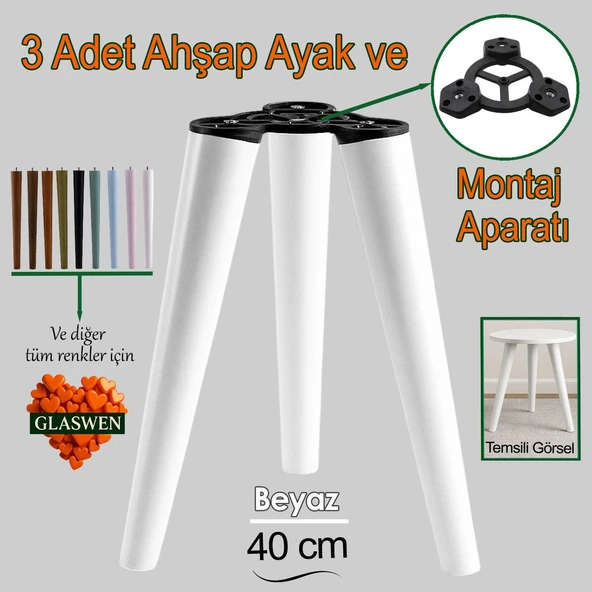3 Adet Ahşap Ayak 40 Cm Beyaz M8 Civatalı Bağlantı Aparatlı Mobilya Tabure Sehpa Masa Destek Ayağı ürün görseli 1