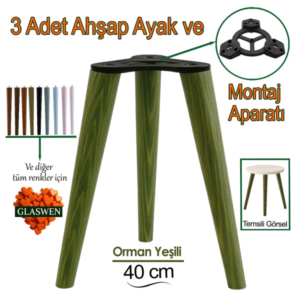 3 Adet Ahşap Ayak 40 Cm Orman Yeşili M8 Civatalı Bağlantı Aparatlı Mobilya Tabure Sehpa Masa Destek Ayağı ürün görseli 1