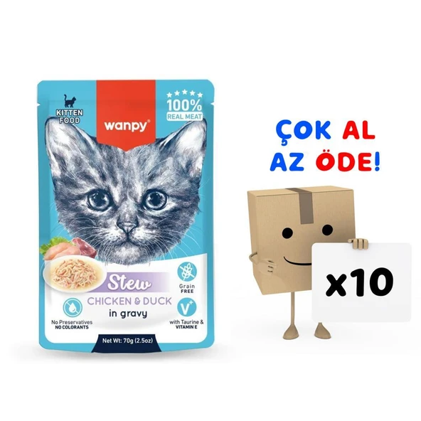 Wanpy Stew Pouch Tavuklu Ördekli Yaş Kedi Maması 70g 10'lu Paket ürün görseli 1