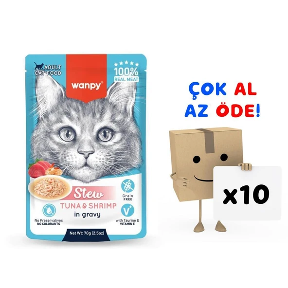 Wanpy Stew Pouch Ton Balıklı Karidesli Yaş Kedi Maması 70g 10'lu Paket ürün görseli 1