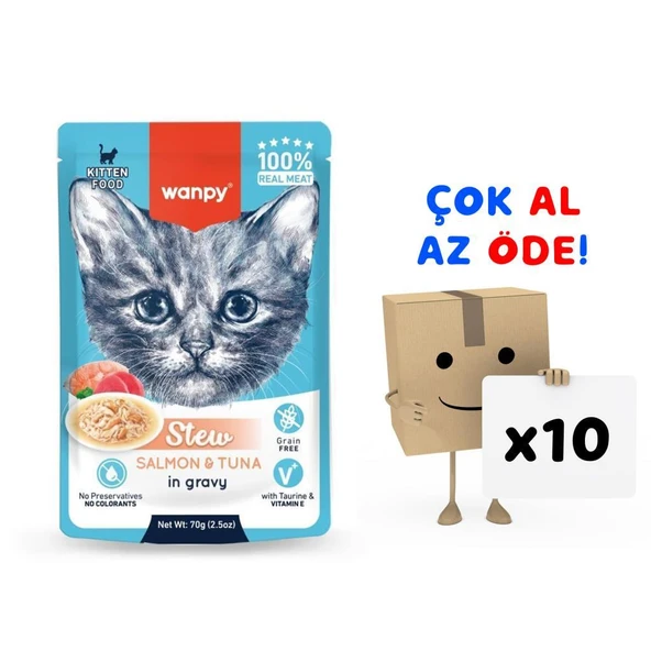 Wanpy Stew Pouch Ton Balıklı Somonlu Yaş Kedi Maması 70g 10'lu Paket ürün görseli 1