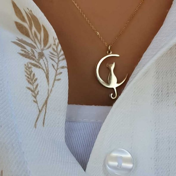14k Altın Kedi ve Ay Kolye - Resim 4