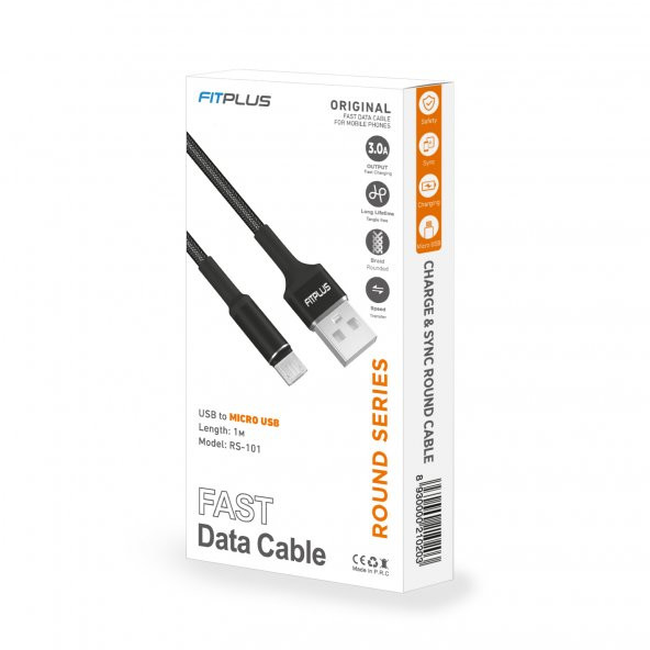 FitPlus Round RS-101 Micro USB Data/Şarj Kablosu 3A 1mt Örgü - Siyah - Resim 6