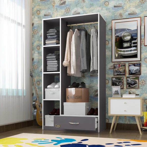 Kenzlife giysi dolabı mengühan 175*90*40 gri gardırop 1 çekmeceli ürün görseli 1