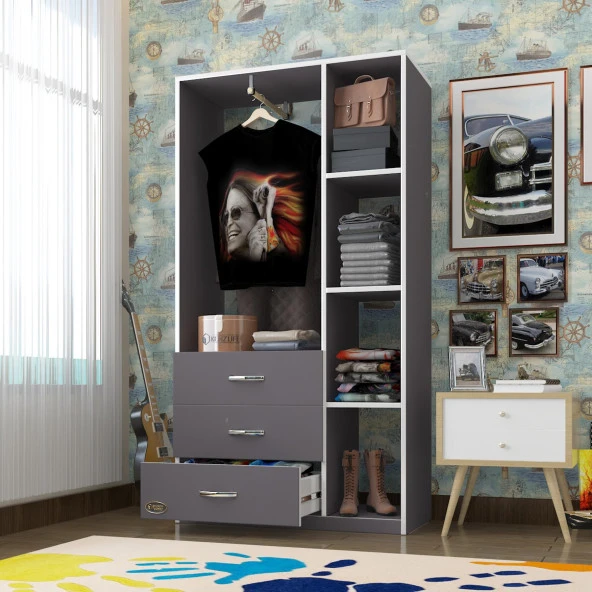 Kenzlife giysi dolabı ökkeş 175*90*40 gri gardırop 3 çekmeceli ürün görseli 1